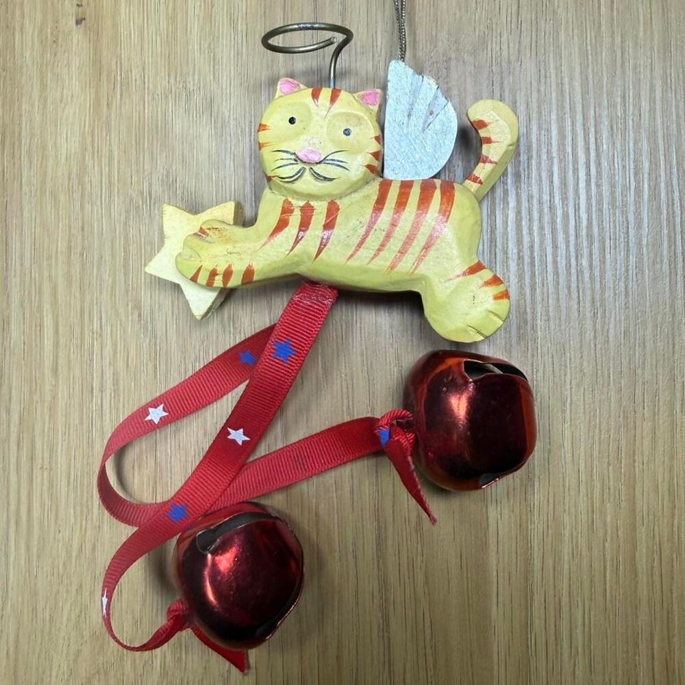 Flying Orange Cat Ornament Folk Art Whimsical Quirky Patriotic Angel Kitty Decor